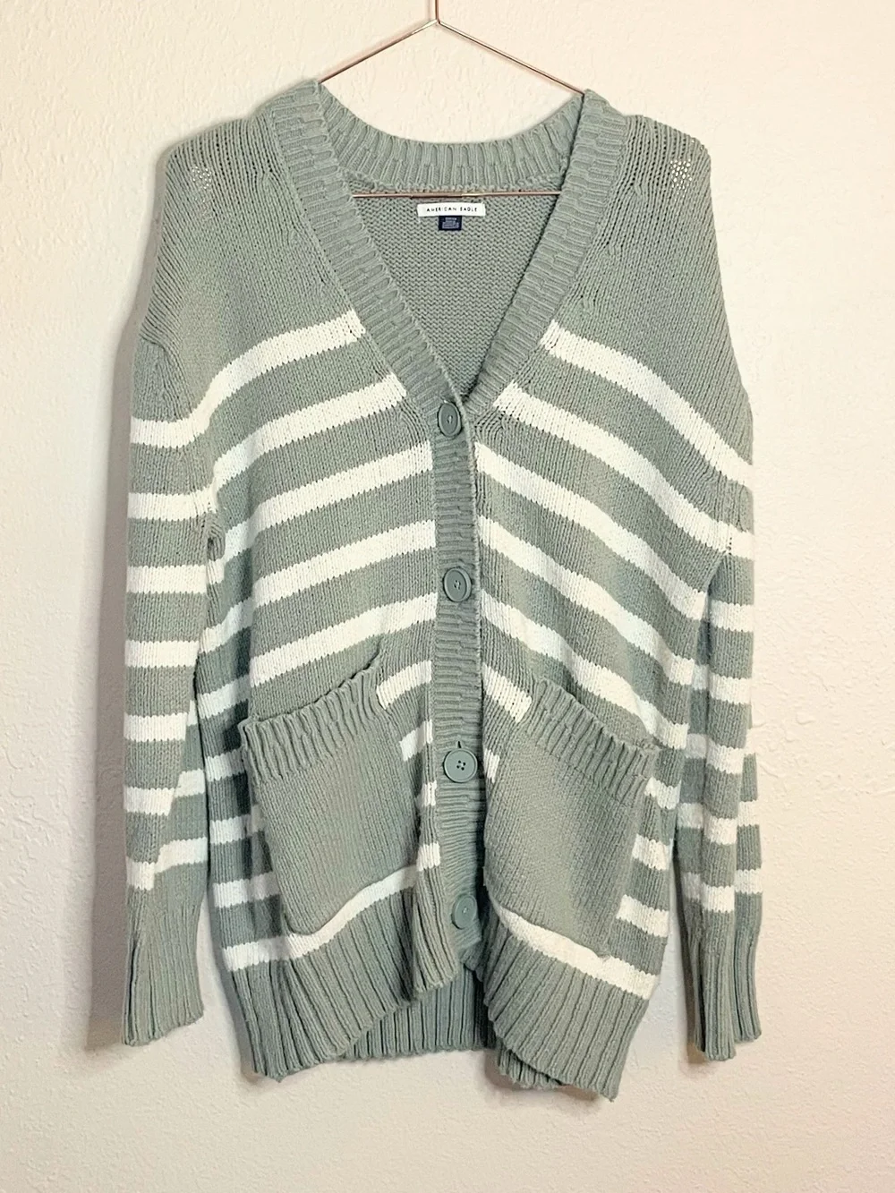 American Eagle Oversized Sage Stripe Cardigan Small